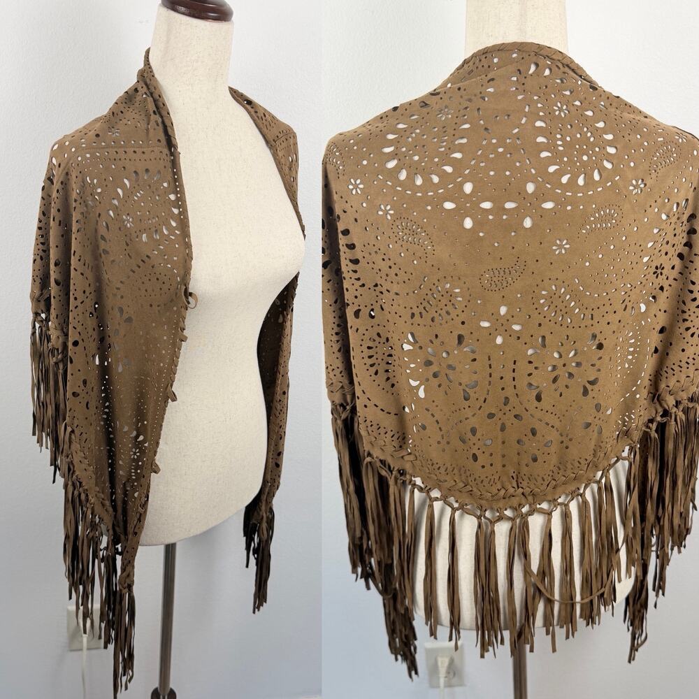 AMERICAN EAGLE Brown Faux Suede Lazercut Fringe Wrap Shawl Western
